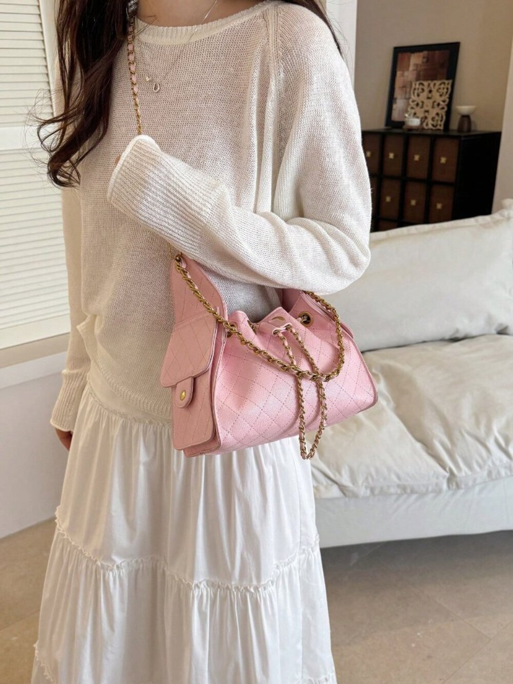 Pink Casual Women's Rhombus Embroidery Small Square Crossbody Bag